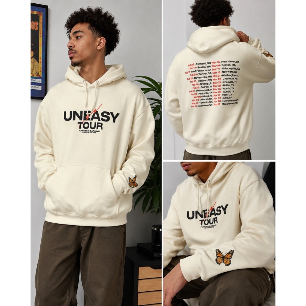 Jon Batiste Uneasy Tour 2024 Concert Hoodie Cream Butterfly Graphic Mens XL
